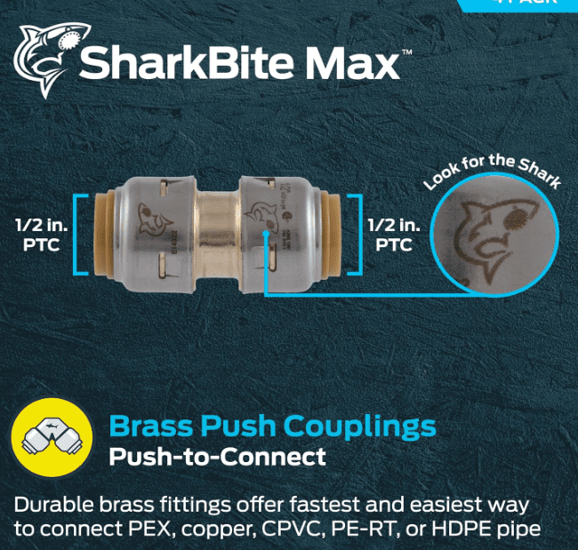 SharkBite Max 1/2 Inch Coupling, Pack of 4, Push to Connect Brass Plumbing Fitting, PEX Pipe, Copper, CPVC, PE-RT, HDPE SharkBite Max 1/2 Inch Coupling, Pack of 4, Push to Connect Brass Plumbing Fitting, PEX Pipe, Copper, CPVC, PE-RT, HDPE