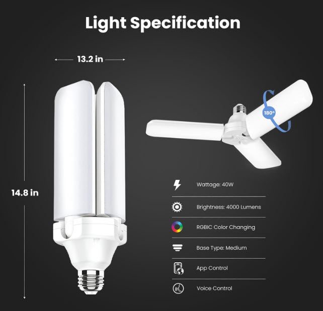 Smart LED Garage Light, 4000 Lumens RGBW Color Changing Deformable Panels, 2.4GHz WiFi App Control, Works with Alexa & Google, E26 Screw-in Ceiling Light for Garage ADJ4000/RGBW/LED/AG Smart LED Garage Light, 4000 Lumens RGBW Color Changing Deformable Panels, 2.4GHz WiFi App Control, Works with Alexa & Google, E26 Screw-in Ceiling Light for Garage ADJ4000/RGBW/LED/AG