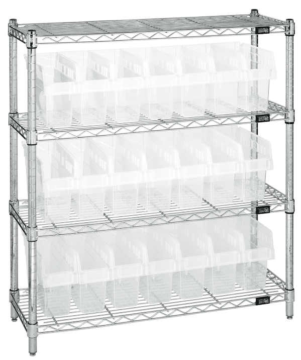 Quantum WR4-39-1236-801CL Wire Shelving Unit with (4) Shelves and (21) QSB801 Clear Bins for Industrial Storage Distribution | 800 lbs Capacity | 36"L x 12"D x 74"H, Chrome Plated Finish, Carbon Steel Wire Shelving Unit
