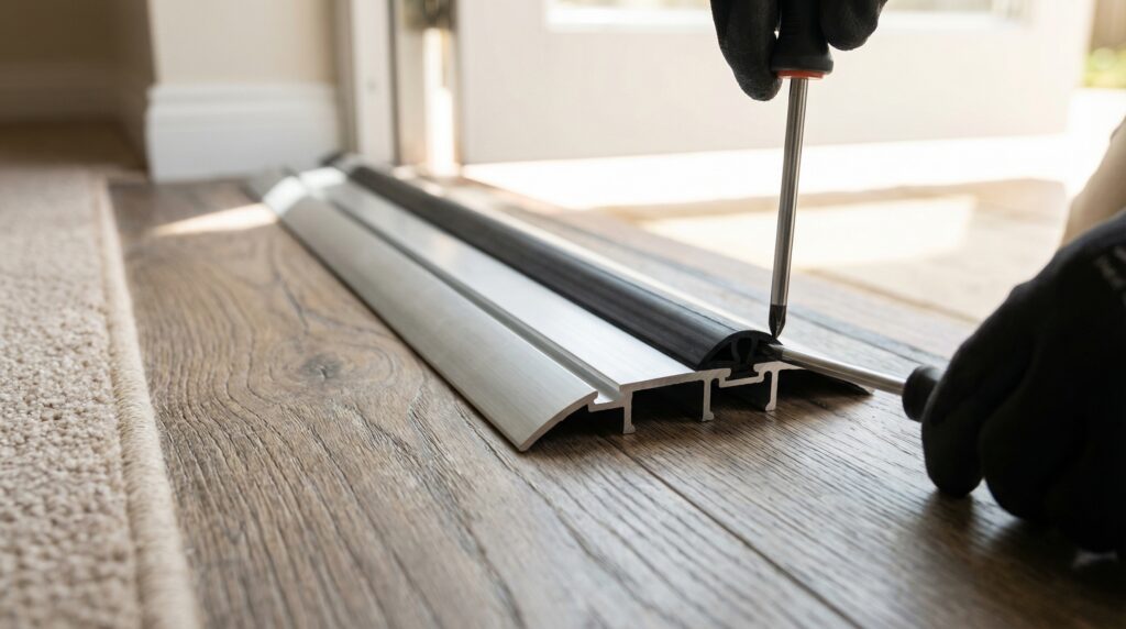 A newly installed adjustable aluminum Front Door Threshold Replacement with a black rubber seal stopping drafts and water leaks. A newly installed adjustable aluminum Front Door Threshold Replacement with a black rubber seal stopping drafts and water leaks.