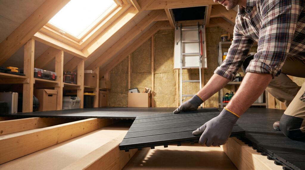 Installing lightweight attic decking panels over joists near a small attic hatch.