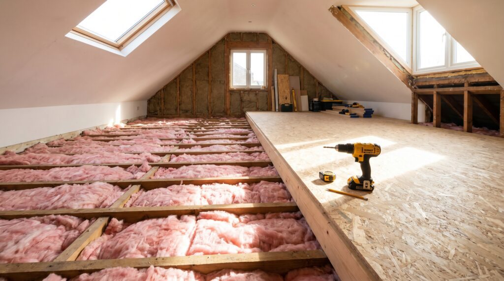 Installing OSB attic flooring over thick insulation using raised loft legs. Installing OSB attic flooring over thick insulation using raised loft legs.