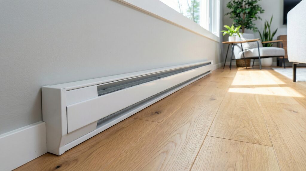 A clean, modern white baseboard heater replacement cover installed along a freshly painted wall in a living room, showing the DIY transformation. A clean, modern white baseboard heater replacement cover installed along a freshly painted wall in a living room, showing the DIY transformation.