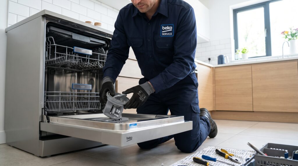 A technician repairing a Beko dishwasher to fix draining issues and E01 error codes.