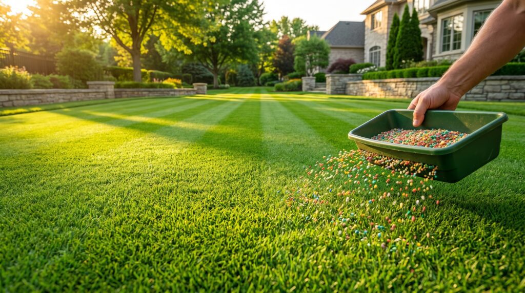 Vibrant green Bermuda grass lawn with professional fertilizer application Vibrant green Bermuda grass lawn with professional fertilizer application