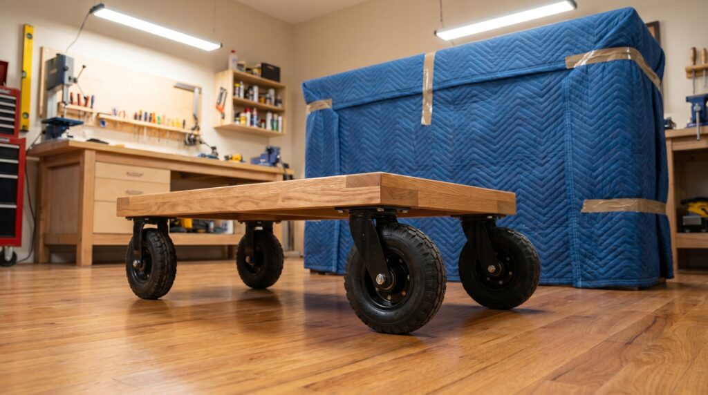 A heavy-duty wooden four wheel dolly with rubber casters used for moving furniture A heavy-duty wooden four wheel dolly with rubber casters used for moving furniture