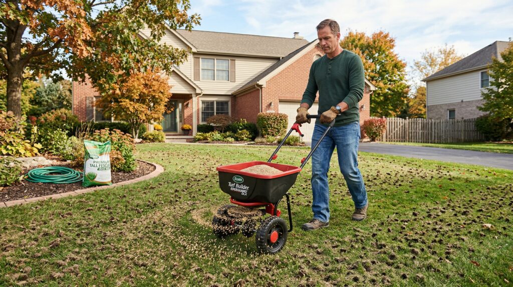 A homeowner using a broadcast spreader to apply premium grass seed onto a freshly aerated lawn