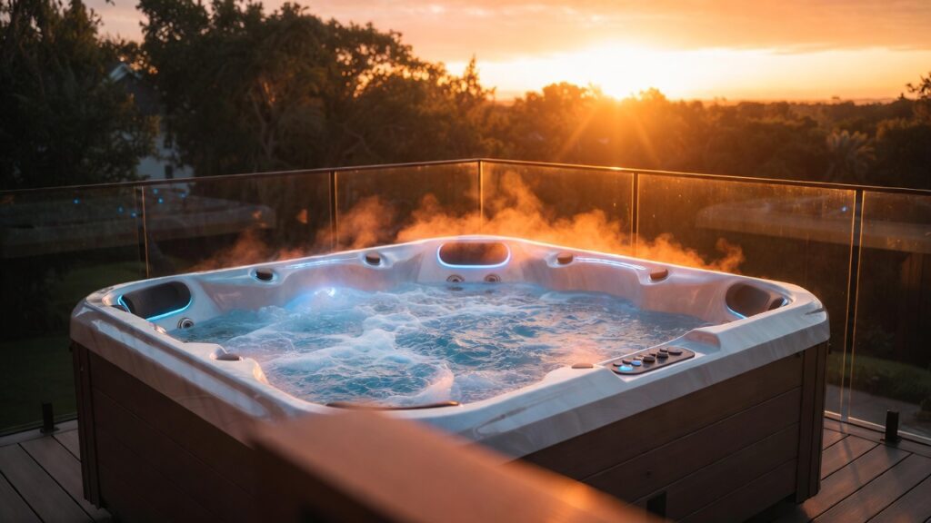 A premium acrylic hot tub operating on a backyard deck at sunset, showcasing modern hydrotherapy jets A premium acrylic hot tub operating on a backyard deck at sunset, showcasing modern hydrotherapy jets