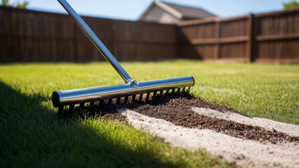Using a stainless steel lawn leveling rake to spread a sand and compost lawn leveling mix over a bumpy yard. Using a stainless steel lawn leveling rake to spread a sand and compost lawn leveling mix over a bumpy yard.