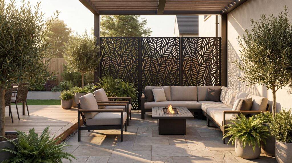 A modern backyard featuring a black laser-cut outdoor metal privacy screen dividing a seating area. A modern backyard featuring a black laser-cut outdoor metal privacy screen dividing a seating area.