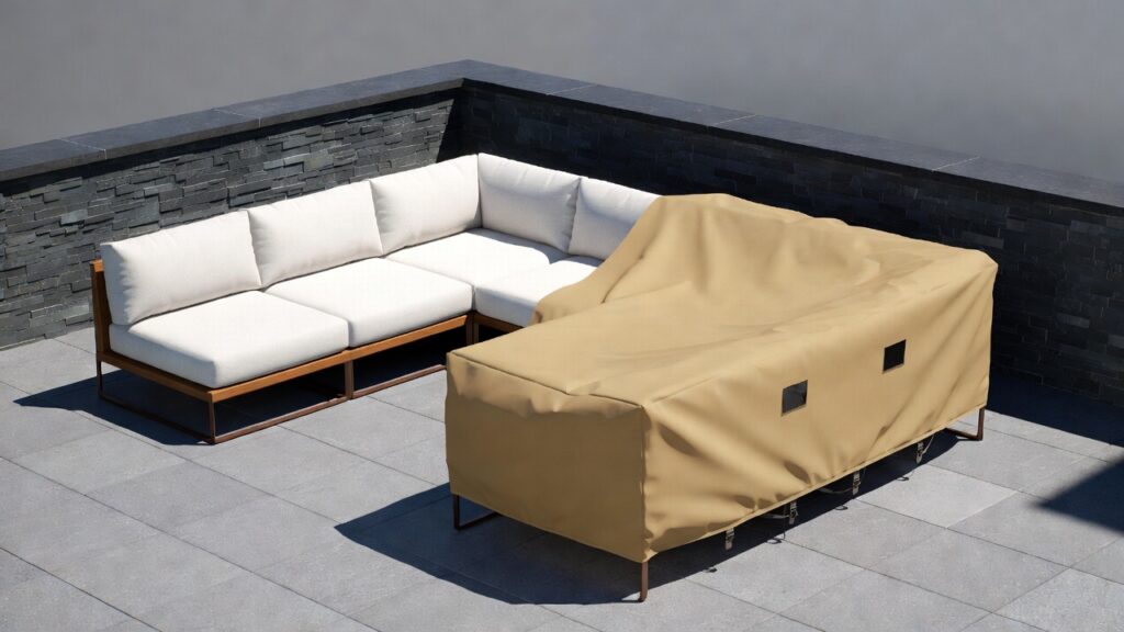 A high quality waterproof patio furniture cover protecting an outdoor modular sectional on a sunny deck. A high quality waterproof patio furniture cover protecting an outdoor modular sectional on a sunny deck.