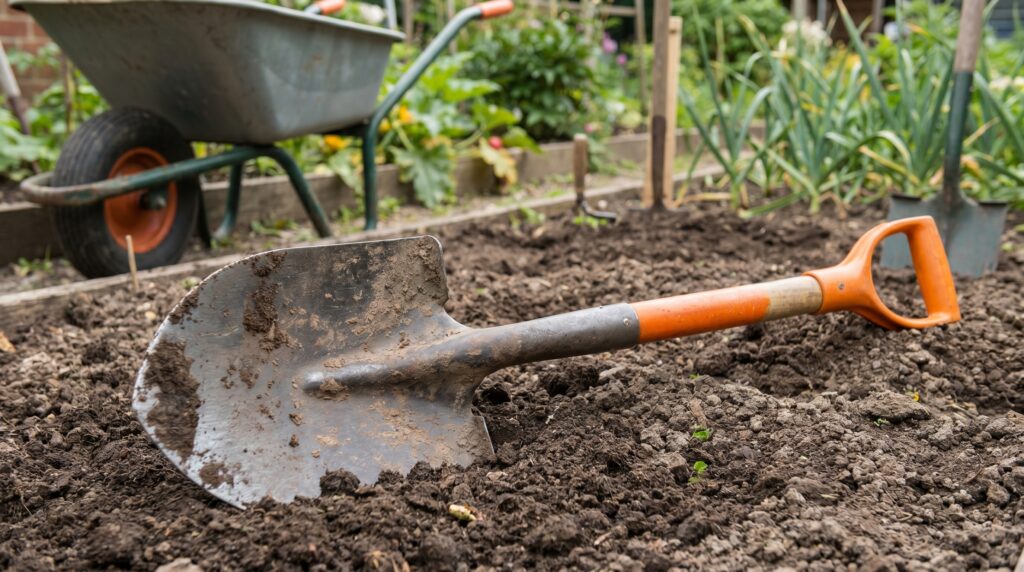A round point shovel with a curved steel blade and fiberglass handle positioned in garden soil, showing a versatile digging tool for landscaping and yard work Round point shovel with a steel blade and fiberglass handle in garden soil