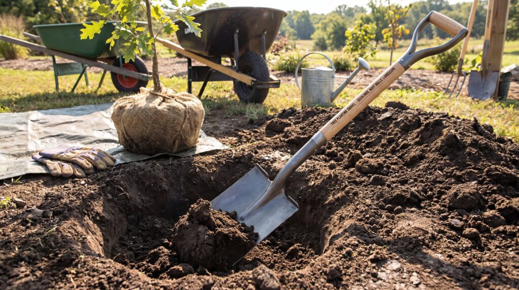 A tree planting shovel being used to dig a wide planting hole for a young tree, showing the right tool for seedlings, root balls, and landscape planting. Tree planting shovel digging a hole for a young tree in garden soil