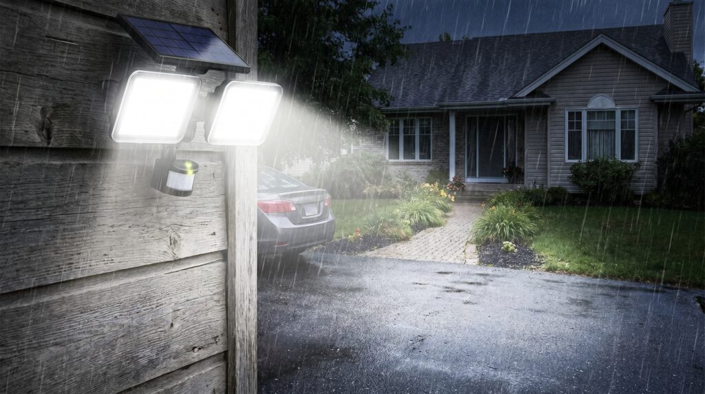 Outdoor solar flood lights mounted on a garage wall, showing bright motion-activated lighting for driveway security and nighttime visibility. Solar flood lights installed above a garage and lighting a driveway at night