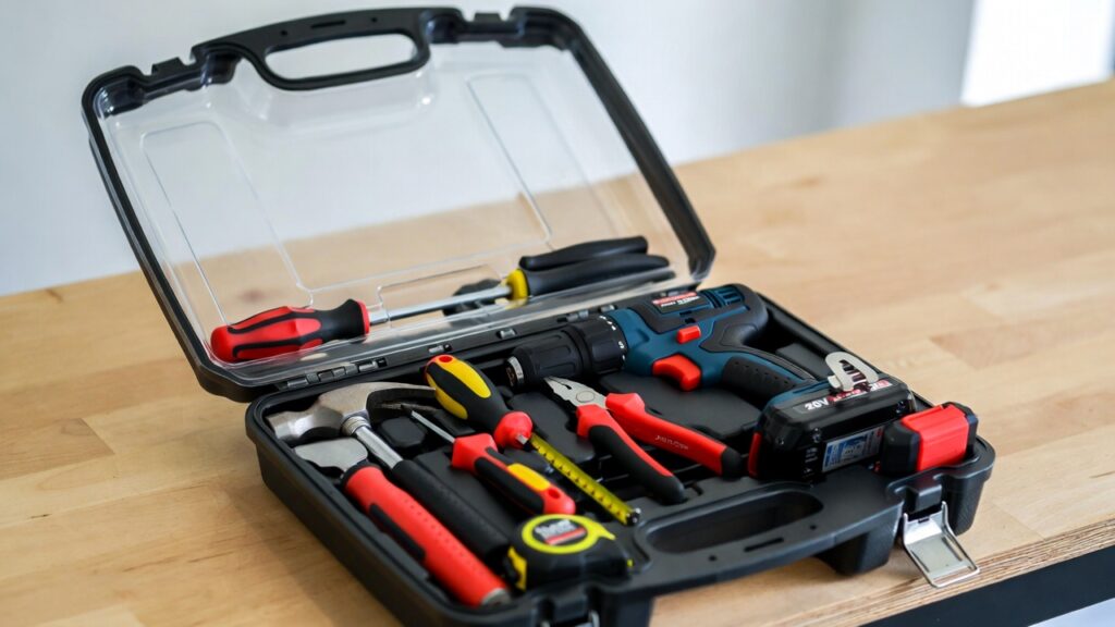 An open, neatly organized home tool kit featuring a cordless drill on a wooden workbench ready for a DIY project. An open, neatly organized home tool kit featuring a cordless drill on a wooden workbench ready for a DIY project.