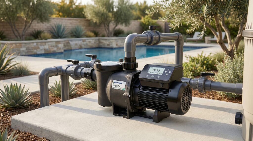 A modern, energy-efficient variable speed pool pump installed on a concrete equipment pad next to a residential swimming pool. A modern, energy-efficient variable speed pool pump installed on a concrete equipment pad next to a residential swimming pool.