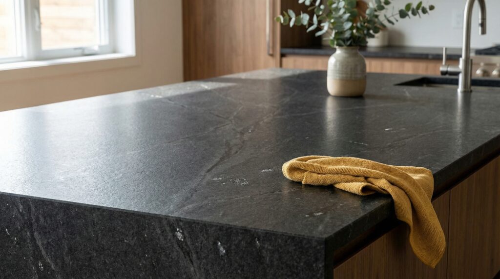 A close-up of a modern kitchen island featuring dark black pearl leathered granite countertops with a matte, textured finish. A close-up of a modern kitchen island featuring dark black pearl leathered granite countertops with a matte, textured finish.