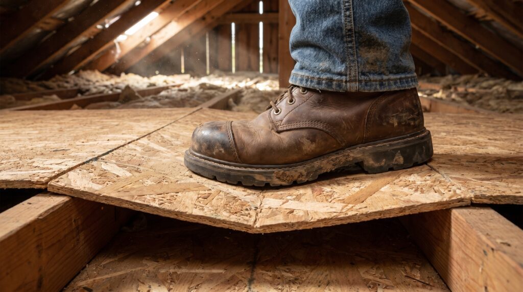 A heavy work boot stepping on thin 7/16 OSB causing it to bend dangerously between attic joists.