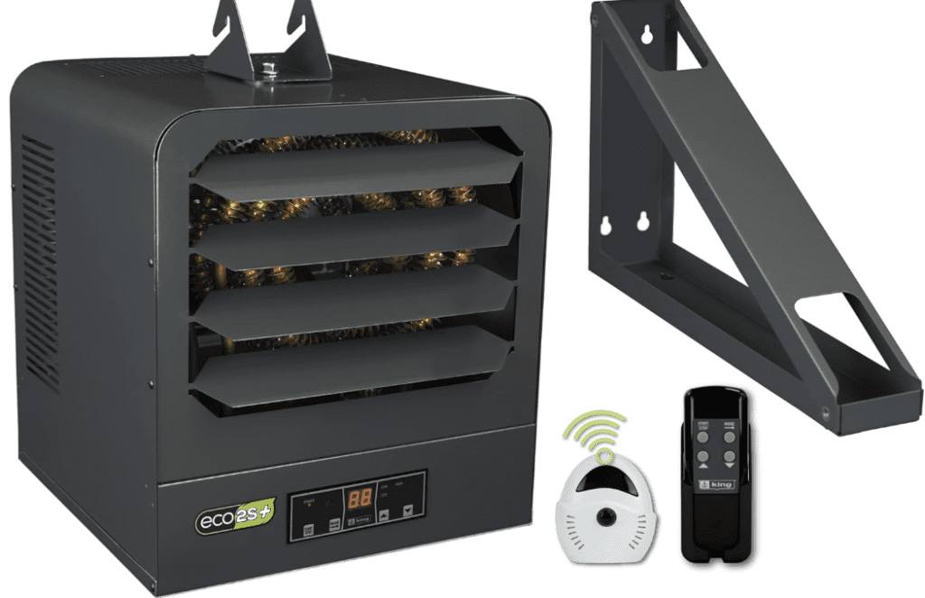 A commercial-grade King Electric forced-air heater mounted on a greenhouse ceiling A commercial-grade King Electric forced-air heater mounted on a greenhouse ceiling