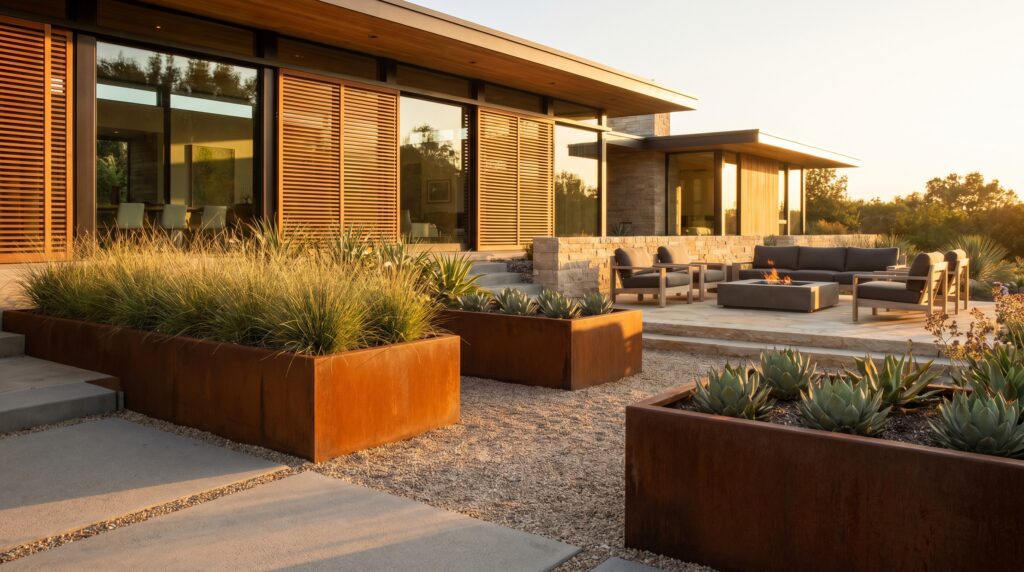 Modern rectangular Core 10 steel planters with natural rust patina in a luxury garden. Modern rectangular Core 10 steel planters with natural rust patina in a luxury garden.