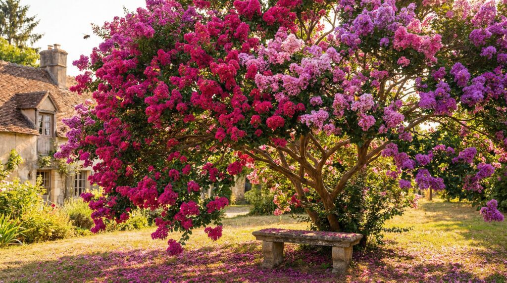 A vibrant crape myrtle tree in full bloom during peak summer A vibrant crape myrtle tree in full bloom during peak summer