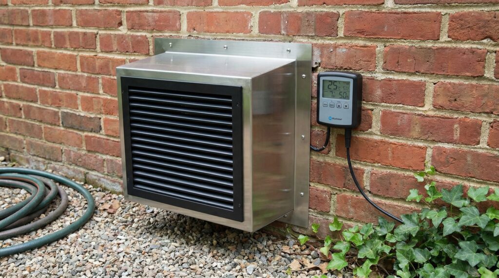 A modern crawl space exhaust fan installed in a brick foundation. A modern crawl space exhaust fan installed in a brick foundation.