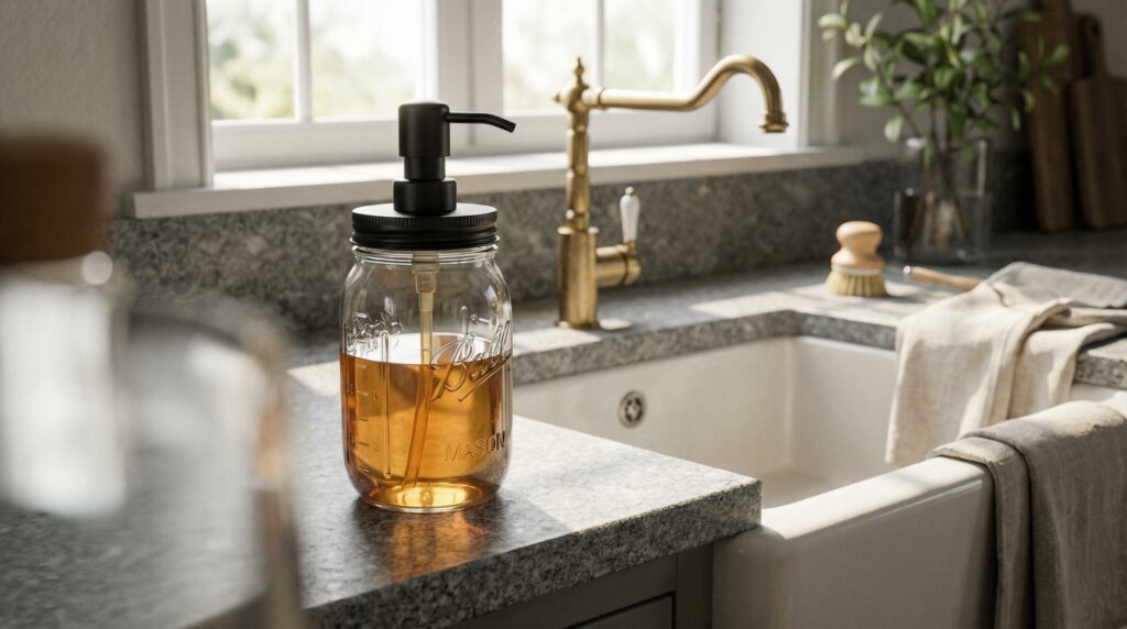 A beautiful custom soap dispenser made from a clear mason jar with a rust-proof stainless steel lid. A beautiful custom soap dispenser made from a clear mason jar with a rust-proof stainless steel lid.