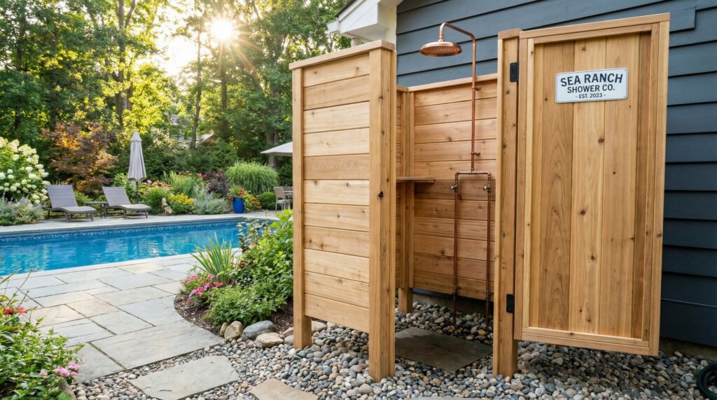 A beautiful DIY cedar outdoor shower enclosure kit built next to a residential backyard pool, featuring a metal showerhead and a gravel drainage base. A beautiful DIY cedar outdoor shower enclosure kit built next to a residential backyard pool, featuring a metal showerhead and a gravel drainage base.