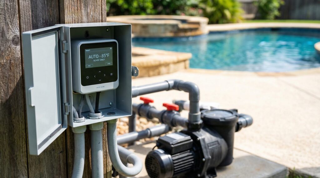 A new digital pool pump timer mounted in a weatherproof outdoor box near residential swimming pool equipment. A new digital pool pump timer mounted in a weatherproof outdoor box near residential swimming pool equipment.