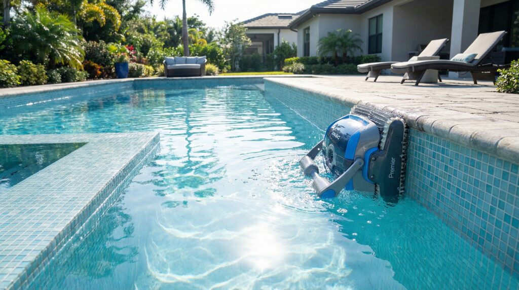A Dolphin Premier robotic pool cleaner scrubbing the blue tile waterline of a clean, sparkling in-ground backyard swimming pool. A Dolphin Premier robotic pool cleaner scrubbing the blue tile waterline of a clean, sparkling in-ground backyard swimming pool.