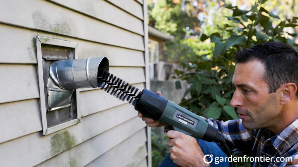 A practical guide explaining the average dryer vent cleaning price and showing a DIY rotary brush method to save money. A homeowner using a rotary brush tool to clean a clogged dryer vent to prevent a house fire.