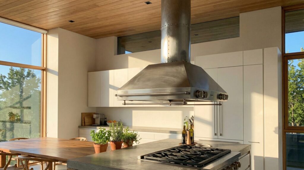 A visual comparison between a ducted range hood venting outside and a ductless recirculating range hood in a modern kitchen. A visual comparison between a ducted range hood venting outside and a ductless recirculating range hood in a modern kitchen.