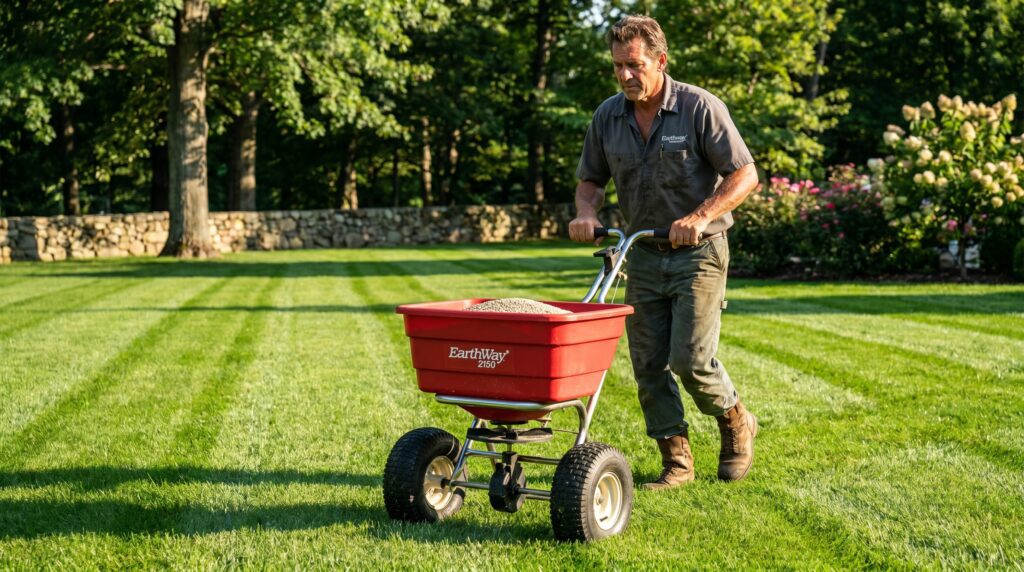 A professional landscaper using a red Earthway commercial broadcast spreader on a green lawn to prevent tiger stripes. A professional landscaper using a red Earthway commercial broadcast spreader on a green lawn to prevent tiger stripes.