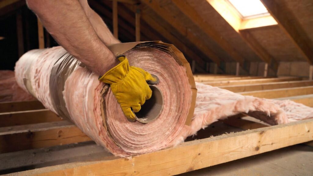 A photorealistic view of faced fiberglass insulation being correctly installed in an attic, demonstrating the proper placement of the paper vapor barrier A DIY homeowner installing faced fiberglass insulation with a kraft paper vapor barrier between wooden attic joists.