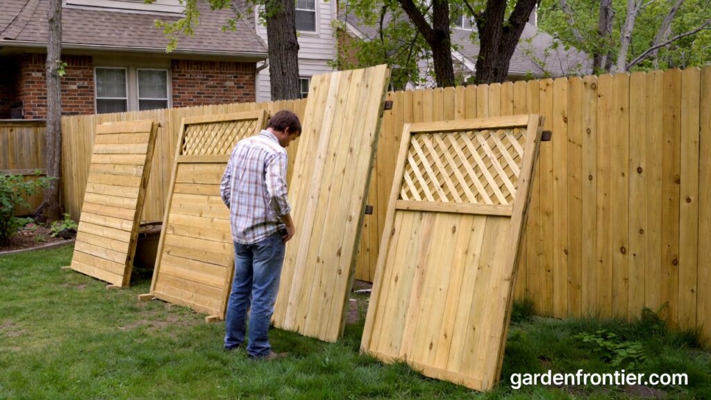 A comprehensive guide exploring various fencing types, materials, and costs for residential backyards. A homeowner inspecting different wood fencing types in a residential backyard.