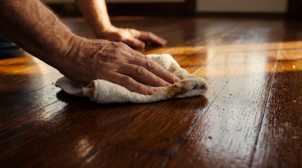 A homeowner buffing rich liquid wax into traditional wooden floorboards to restore their shine. A homeowner buffing rich liquid wax into traditional wooden floorboards to restore their shine.