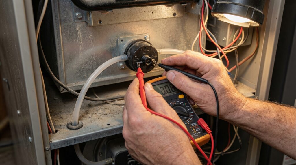 Testing a faulty furnace pressure switch with a digital multimeter inside a home HVAC unit. Testing a faulty furnace pressure switch with a digital multimeter inside a home HVAC unit.