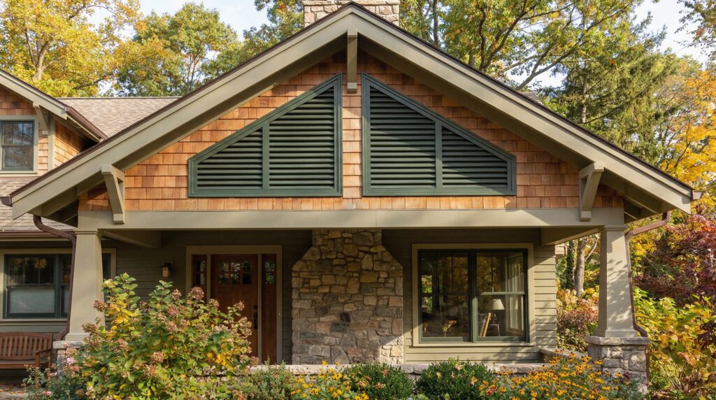 A beautiful home exterior showing newly installed gable end vents under the roof peak A beautiful home exterior showing newly installed gable end vents under the roof peak