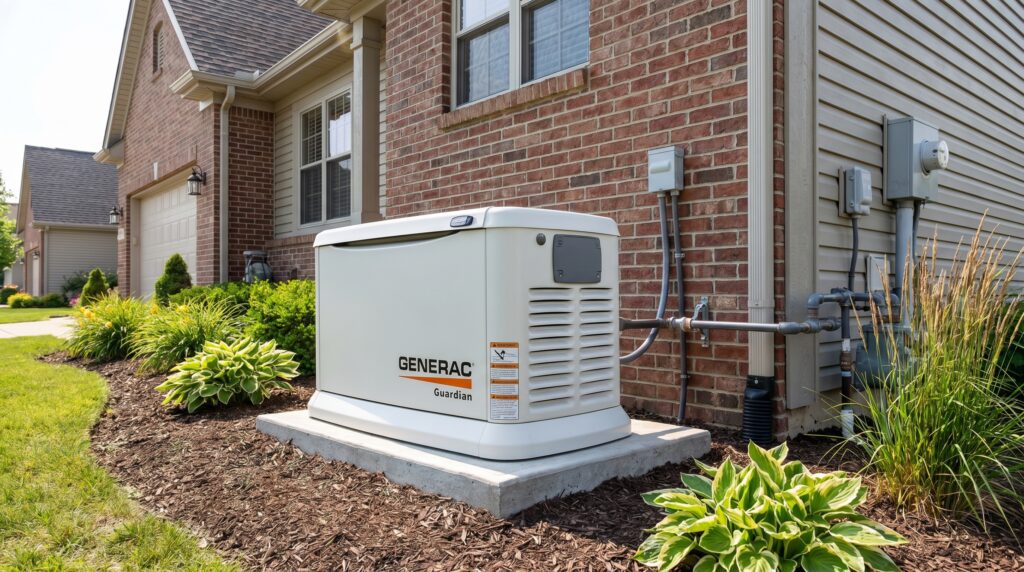 A newly installed Generac home standby generator sitting on a concrete pad outside a residential home. A newly installed Generac home standby generator sitting on a concrete pad outside a residential home.