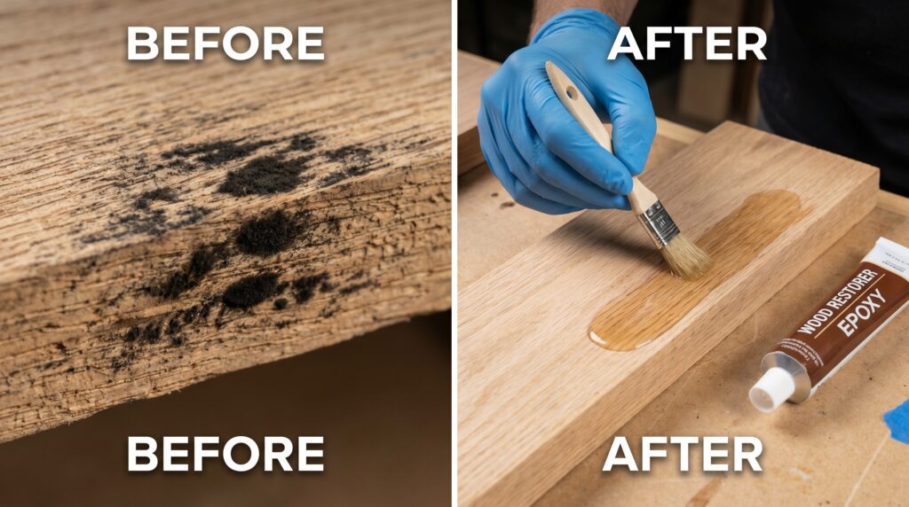 A woodworker removing black mold from wood and restoring wood rot using epoxy. A woodworker removing black mold from wood and restoring wood rot using epoxy.