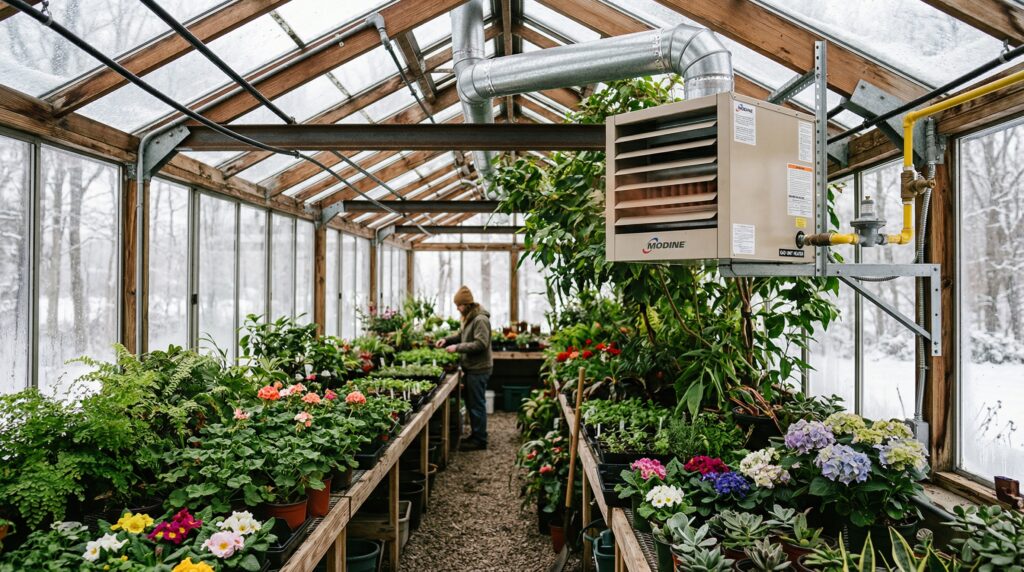 A professional Modine gas furnace installed in the upper corner of a lush, green winter greenhouse A professional Modine gas furnace installed in the upper corner of a lush, green winter greenhouse