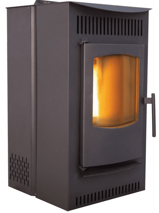 A compact pellet stove burning brightly to heat an off-grid winter greenhouse A compact pellet stove burning brightly to heat an off-grid winter greenhouse