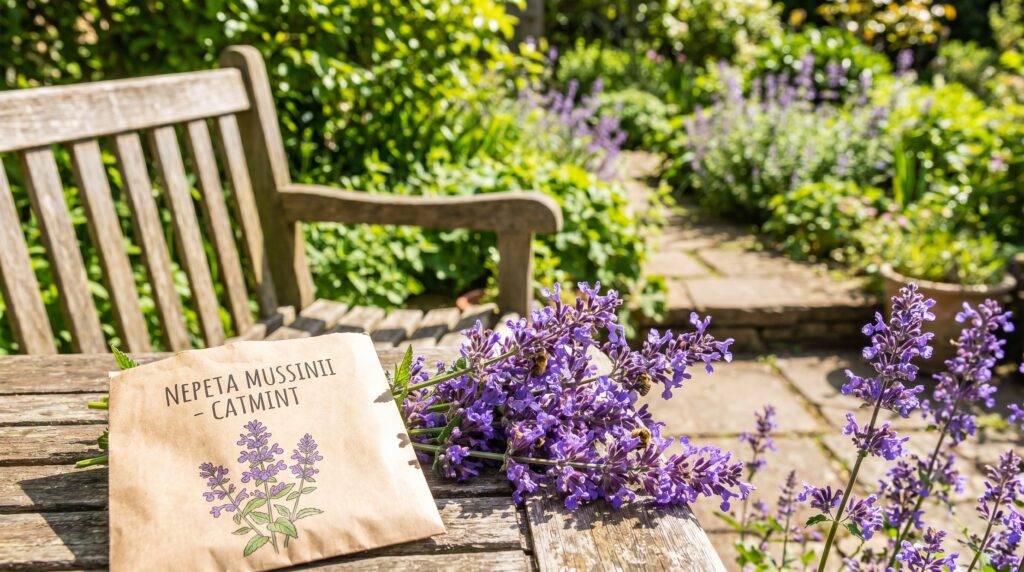 A blooming purple catmint plant next to a packet of catmint seeds in a sunny spring garden. A blooming purple catmint plant next to a packet of catmint seeds in a sunny spring garden.
