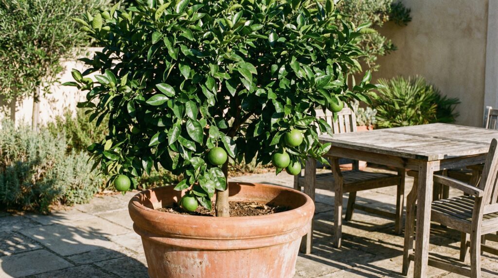 A healthy, young grapefruit tree growing in a large terracotta pot on a sunny backyard patio A healthy, young grapefruit tree growing in a large terracotta pot on a sunny backyard patio