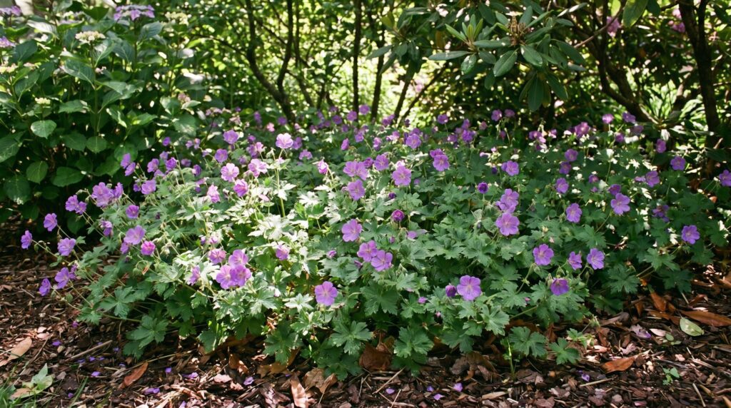 A spreading hardy geranium ground cover with purple flowers and green foliage growing under shrubs in a perennial garden bed. Hardy geranium ground cover blooming under shrubs in a perennial garden