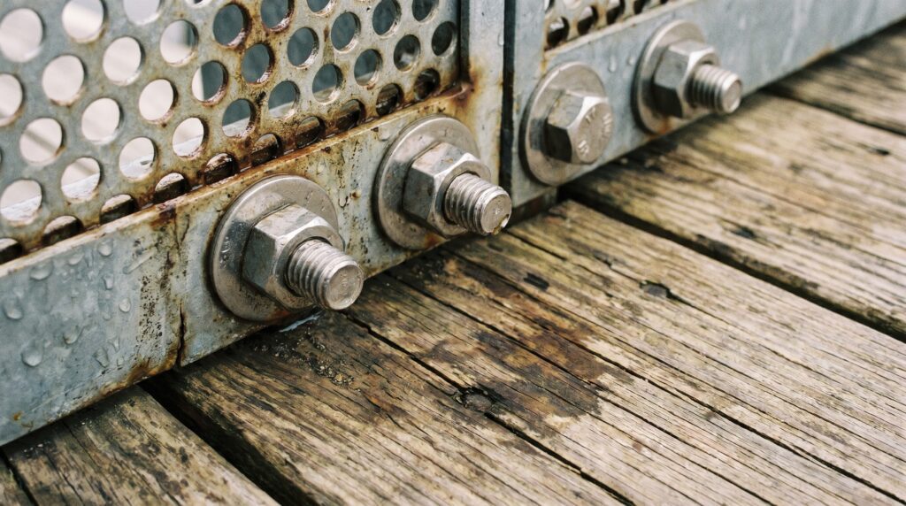 Close up of heavy duty stainless steel bolts anchoring a metal privacy screen to a wooden deck. Close up of heavy duty stainless steel bolts anchoring a metal privacy screen to a wooden deck.