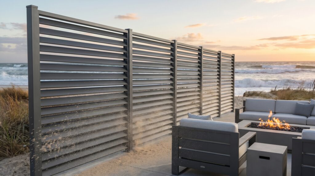 A modern horizontal slatted aluminum privacy screen blocking wind on a coastal patio. A modern horizontal slatted aluminum privacy screen blocking wind on a coastal patio.