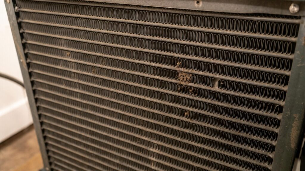 A homeowner inspecting a clean hvac evaporator coil inside their attic air conditioning unit. A homeowner inspecting a clean hvac evaporator coil inside their attic air conditioning unit.