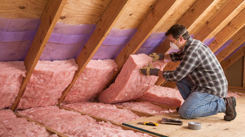 Installing fiberglass insulation and ventilation baffles between attic roof rafters. Installing fiberglass insulation and ventilation baffles between attic roof rafters.
