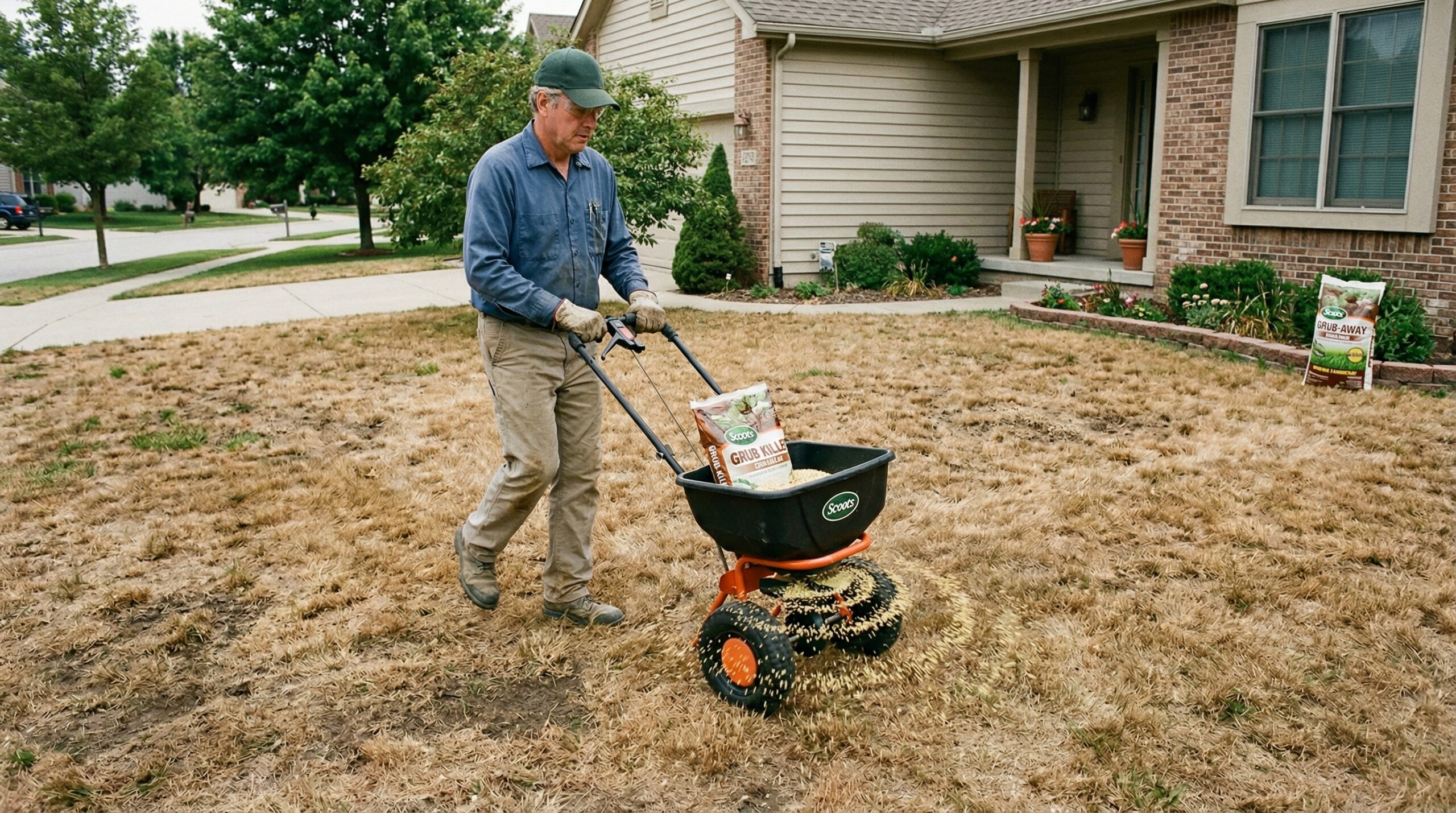 Applying lawn grub killer to a damaged yard A homeowner applying lawn grub killer granules with a broadcast spreader on a brown, damaged lawn